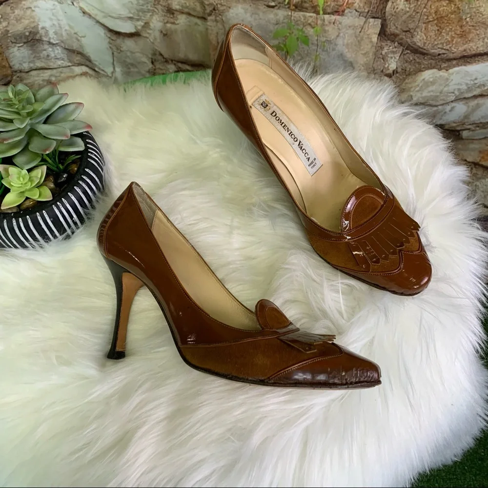 DOMENICO VACCA Italian Made Suede and Leather Burnt Caramel Kiltie Pumps, 38